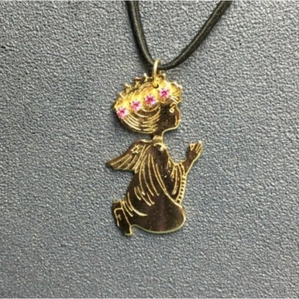 Praying Angel Profile Necklace 25 In Retro Gold Pink Rhinestone Halo Black Cord